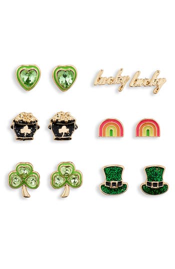 Leith Pack Of 6 Lucky Stud Earrings In Green Multi- Gold