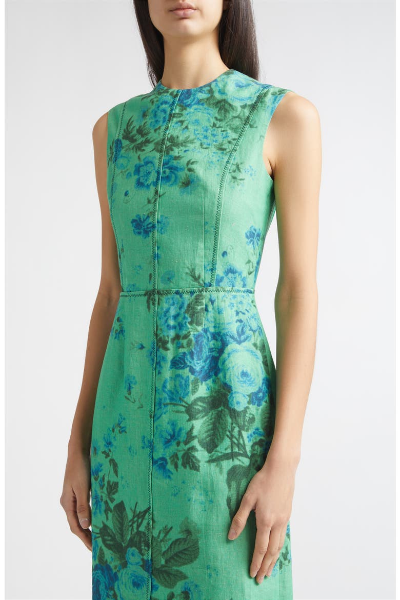 Floral Print Sleeveless Linen Midi Pencil Dress, Alternate, color, ROSE BOUQUET SEA GREEN