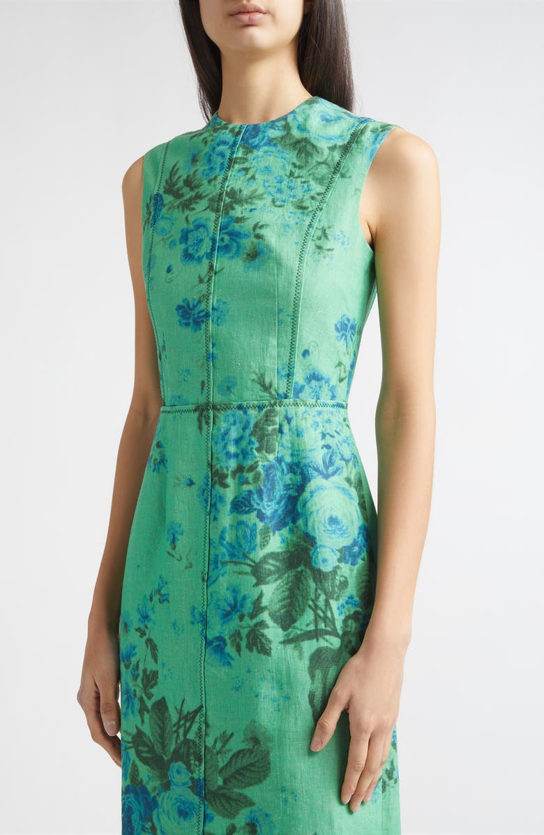 Erdem Floral Print Sleeveless Linen Midi Pencil Dress, Alternate, color, Rose Bouquet Sea Green