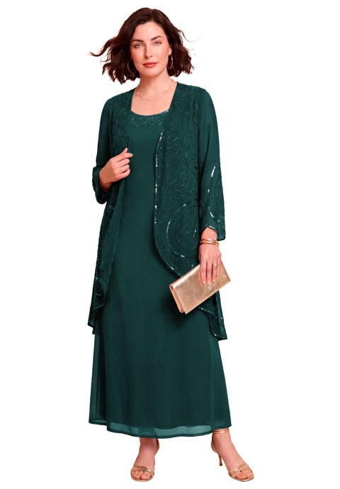 2 Piece Long Sleeve Beaded Georgette Gown Set With Detachable Jacket