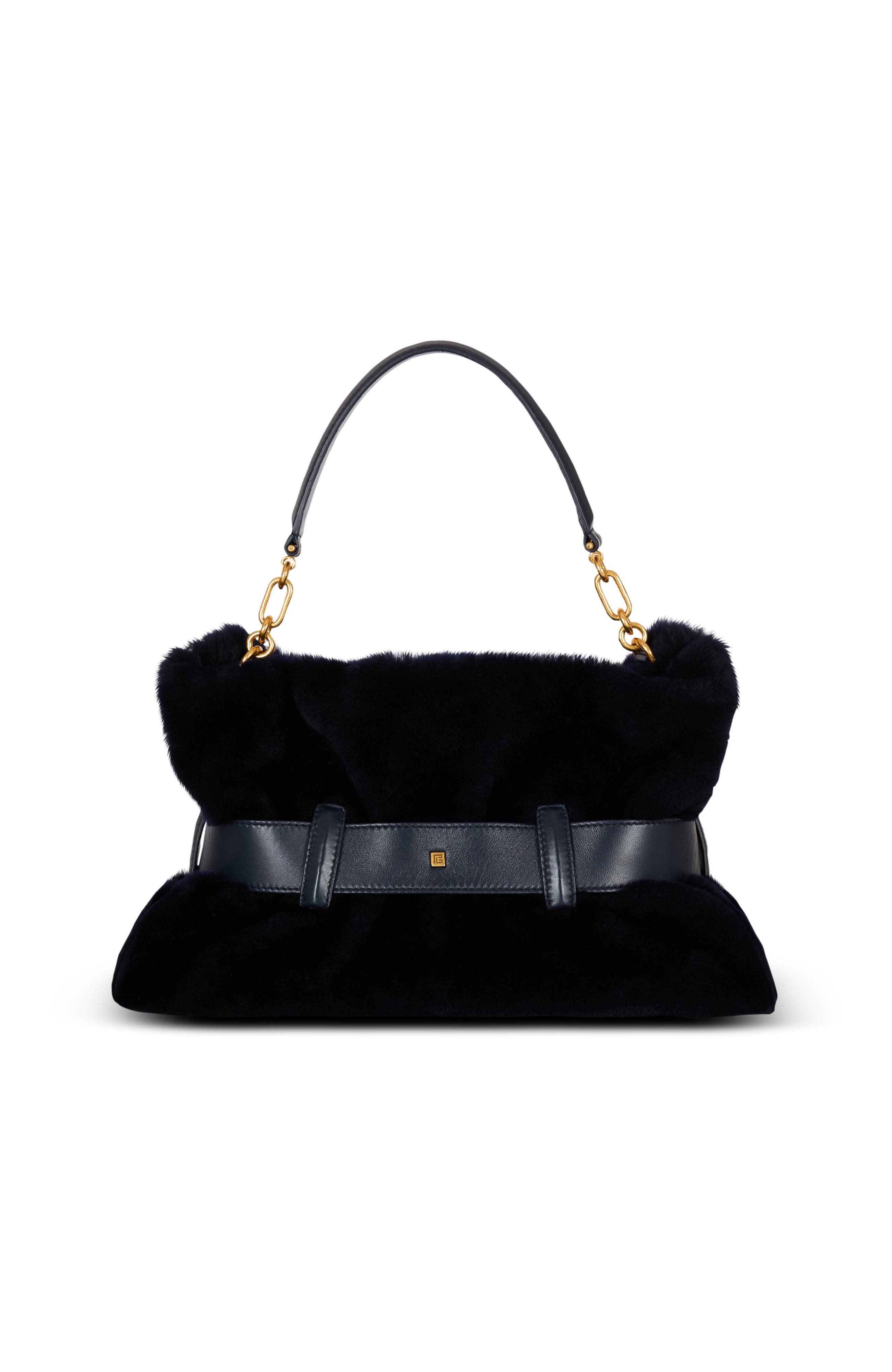 Balmain Medium Anthem Bag In Shearling, Alternate, color, Navy