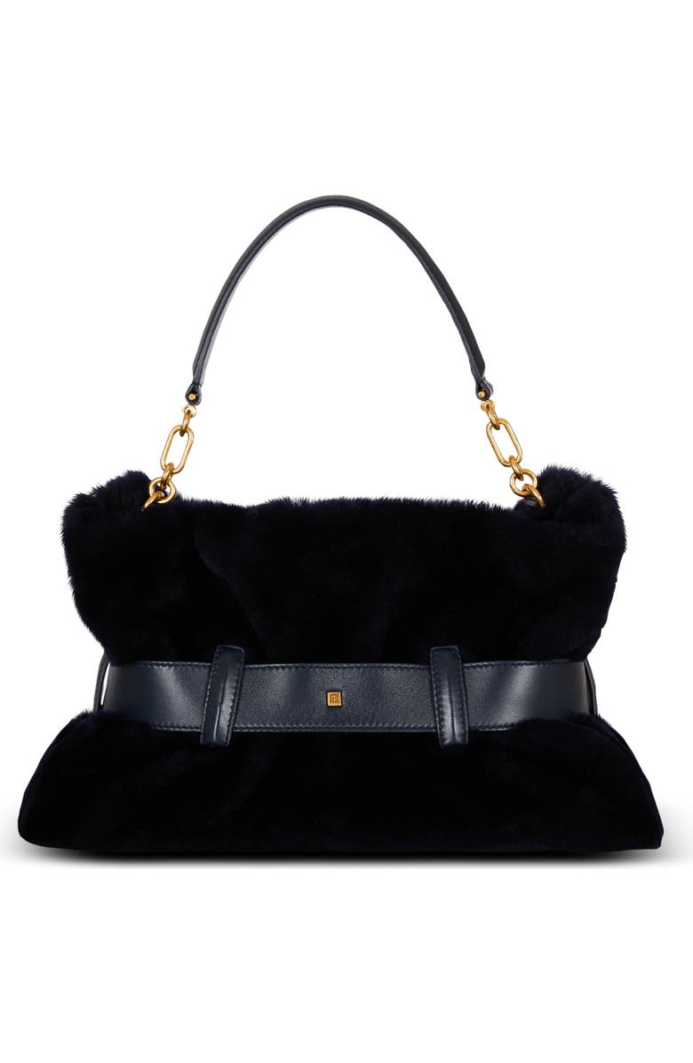 Balmain Medium Anthem Bag In Shearling, Alternate, color, Navy