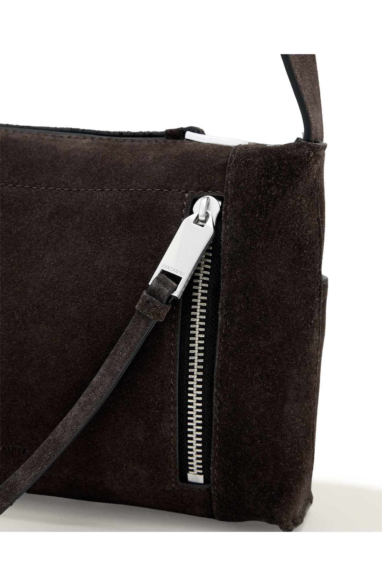 AllSaints Small Alba Zip Suede Crossbody Bag, Alternate, color, Bitter Brown