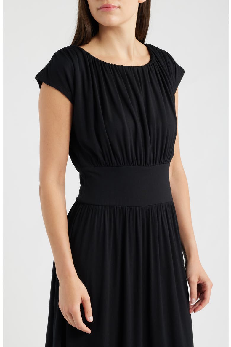 Cap Sleeve Ruched Knit Midi Dress, Alternate, color, BLACK