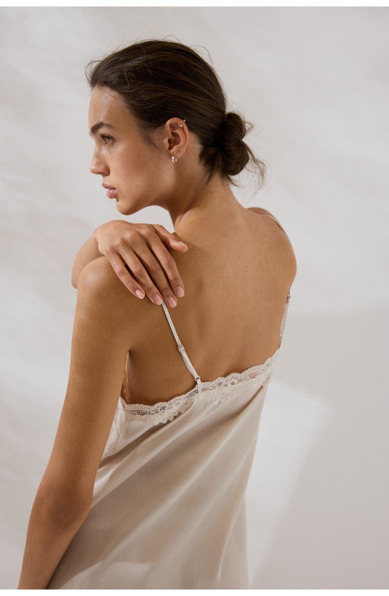 H&M Lace-trimmed satin nightgown, Alternate, color, Light Beige