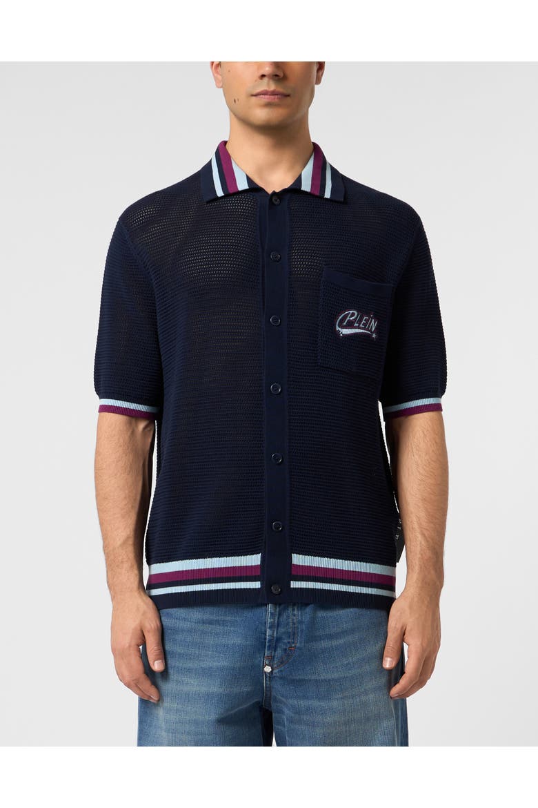 Knitted Polo Shirt Plein Stars Patch Men, Main, color, navy