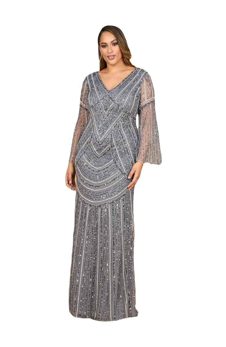 LARA New York Long Sleeve Beaded Gown, Main, color, Grey