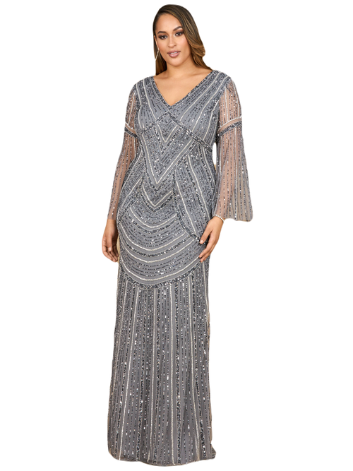 Lara New York Long Sleeve Beaded Gown In Grey