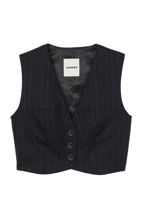 Sandro Striped Rhinestone Sleeveless Jacket In Blue