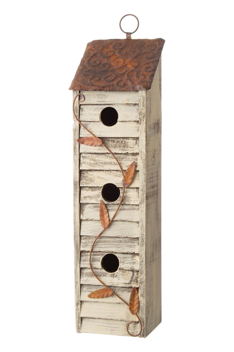 18"H Hanging Distressed Solid Wood 3-Tier Window Shutters Birdhouse, Main, color, White