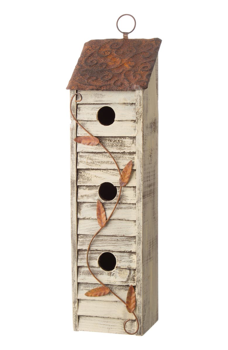 Glitzhome 18"H Hanging Distressed Solid Wood 3-Tier Window Shutters Birdhouse, Main, color, White