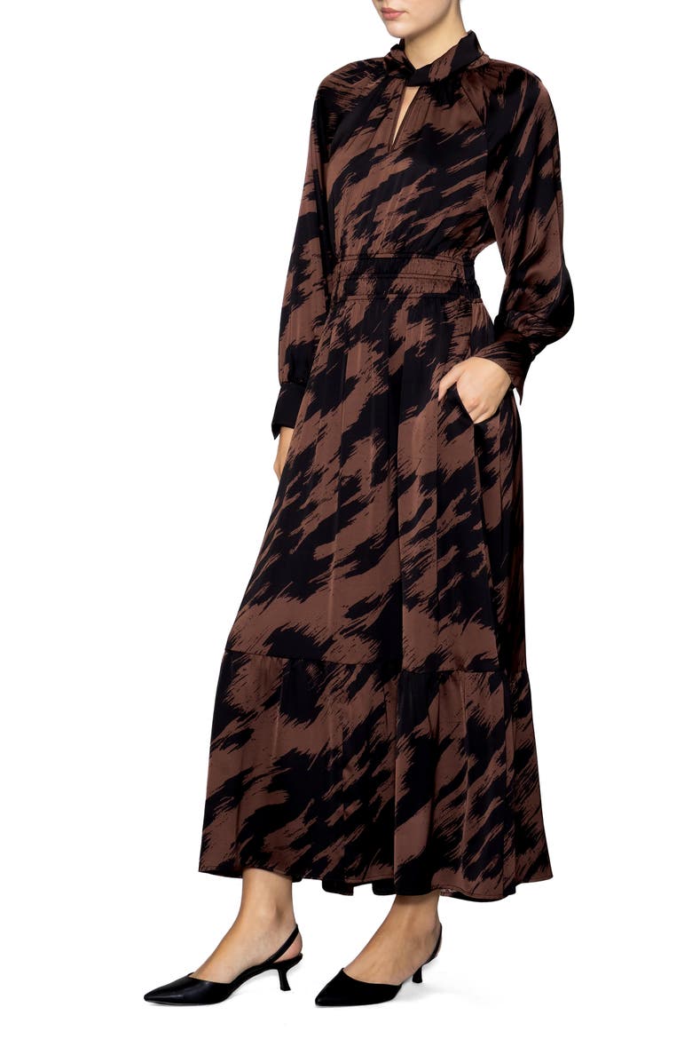 Brushstroke Print Long Sleeve Maxi Dress, Alternate, color, BROWN/ BLACK