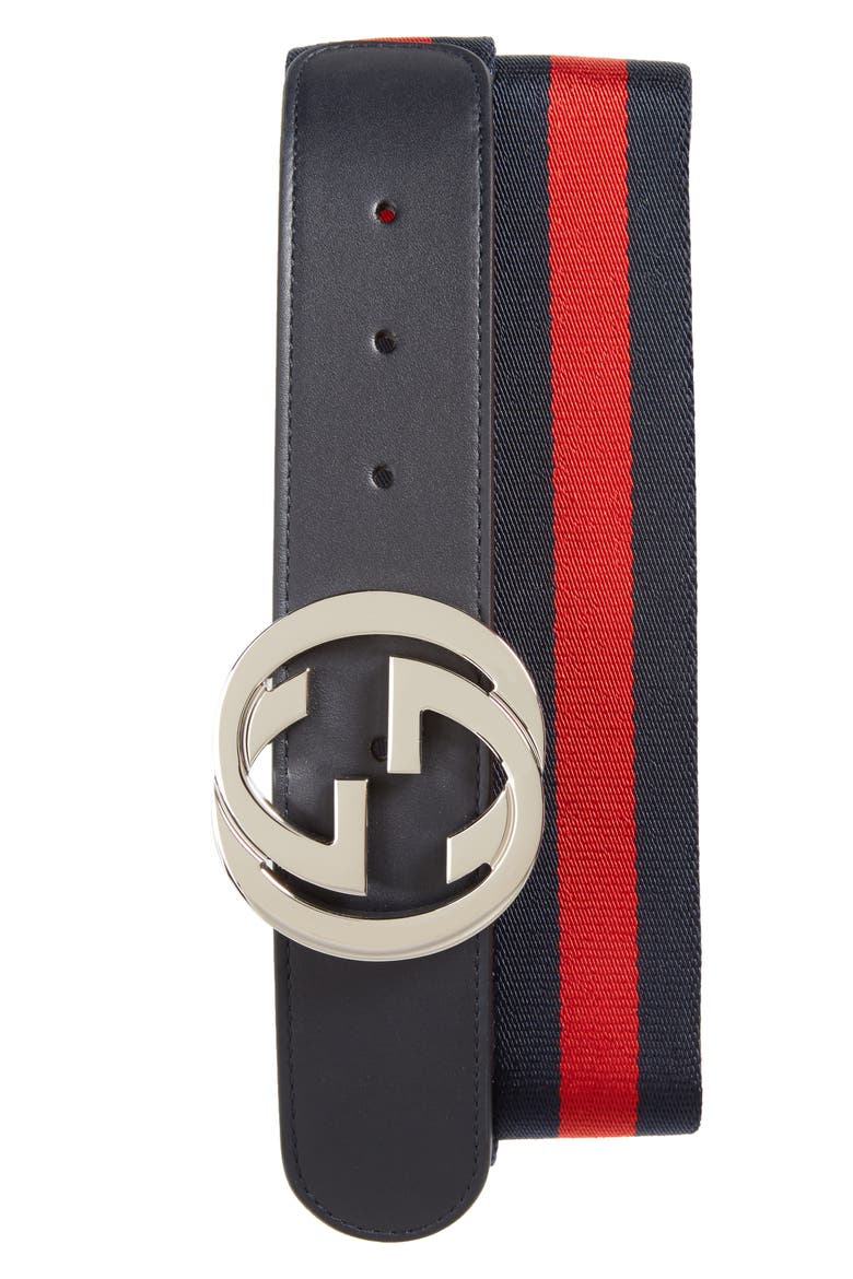 Interlocking G Logo Stripe Web & Leather Belt, Main, color, BROWN/ BLUE
