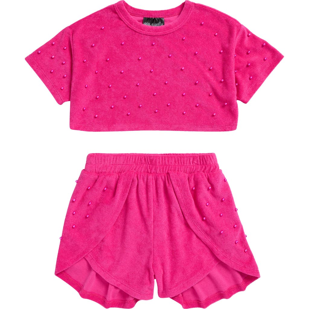 Ava & Yelly Kids' Faux Pearl Cover-up Crop Top & Shorts Set In Pink