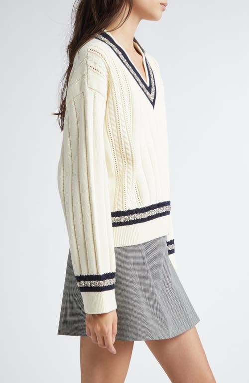 Golden Goose Cropped Sweater With Woven Pattern In Heritage White/dark Blue