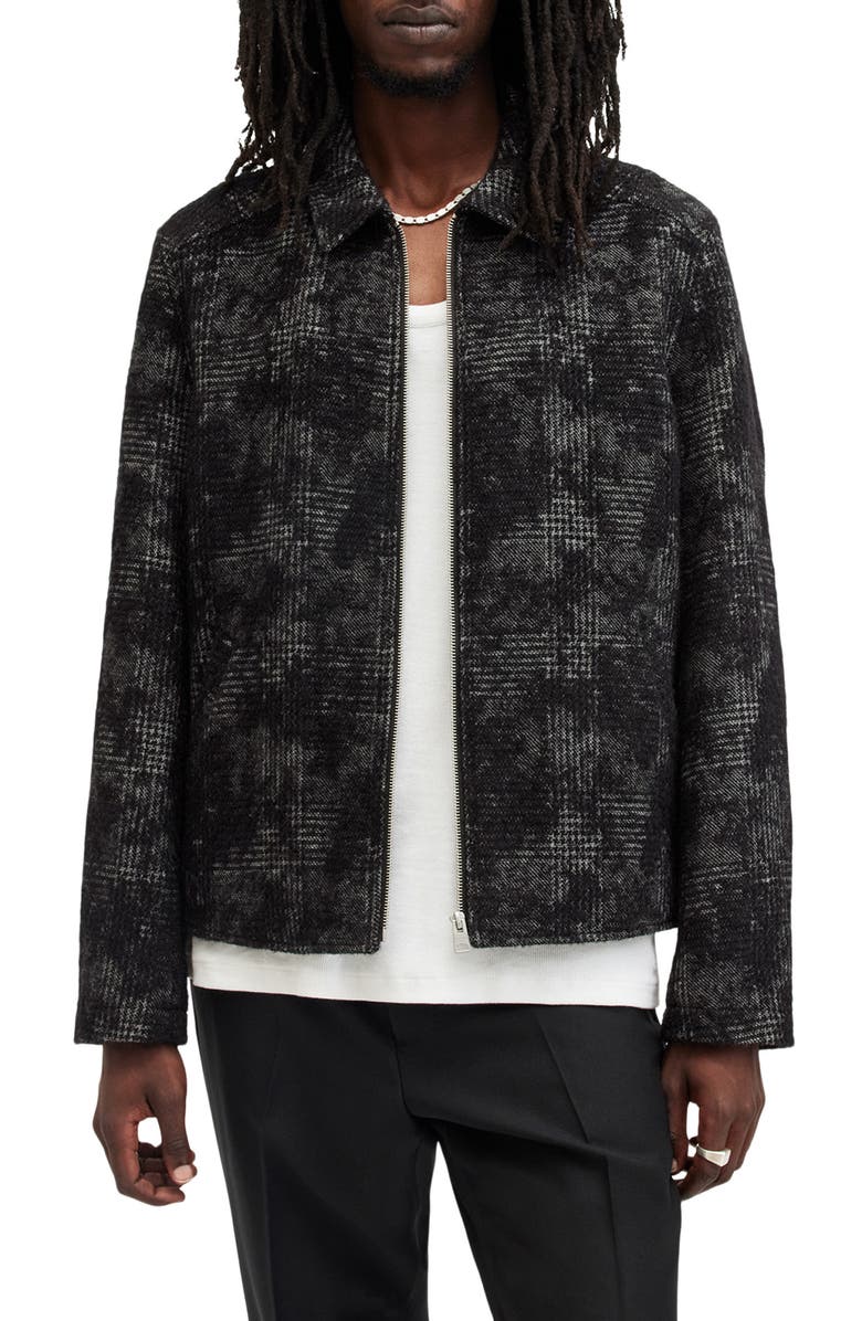AllSaints Keller Plaid Textured Zip-Up Jacket, Main, color, Black