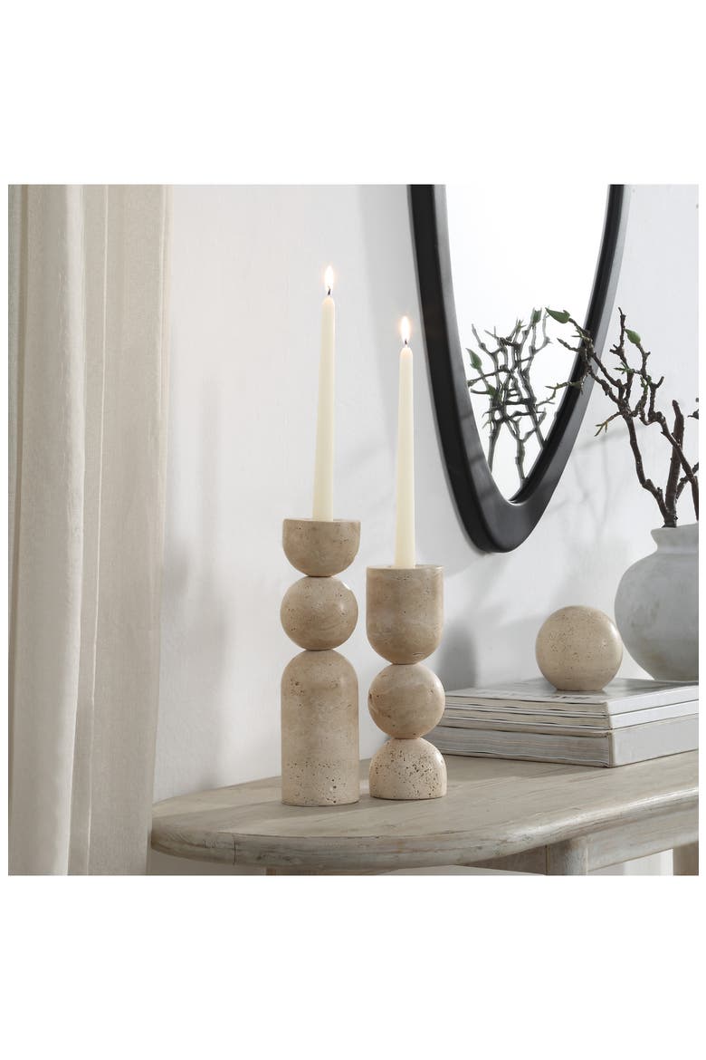 Travertine Candle Holders, Alternate, color, BEIGE