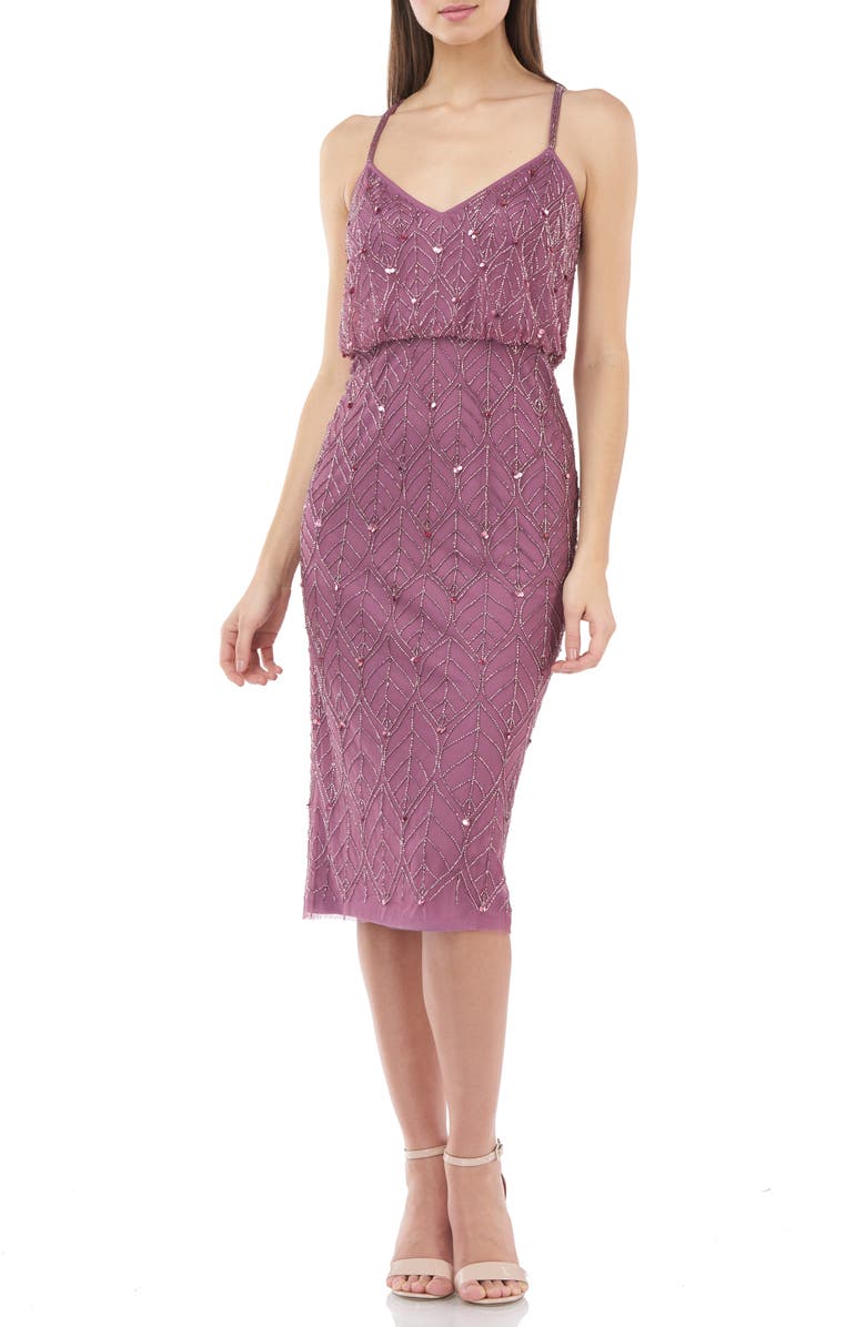 JS Collections Beaded Leaf Blouson Cocktail Dress, Main, color,