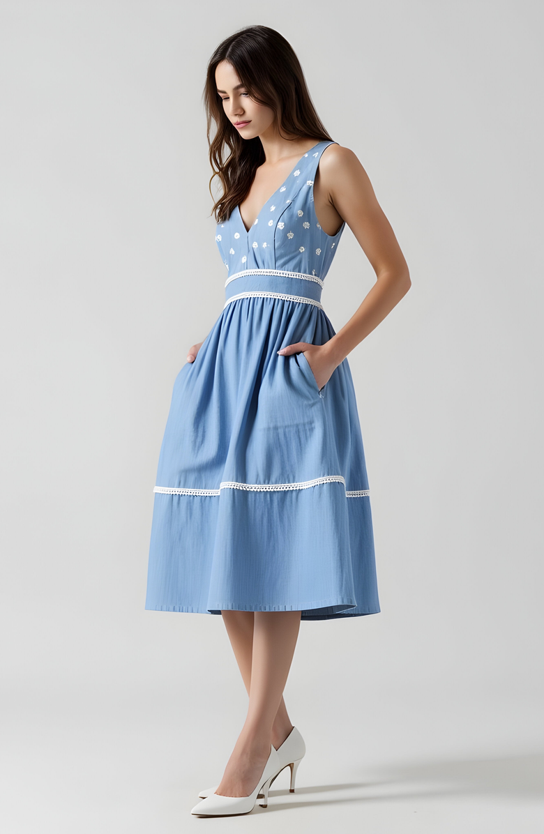 Modenaire Embroidered Sleeveless Lace-Trim V-Neck Mini Dress, Alternate, color, 