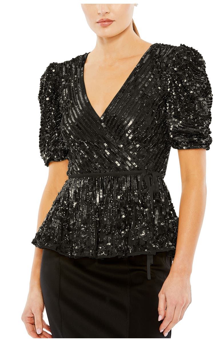 Mac Duggal Sequined Puff Sleeve Faux Wrap Top, Main, color, Black