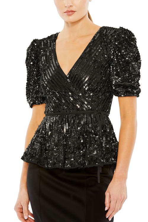 Mac Duggal Sequined Puff Sleeve Faux Wrap Top In Black