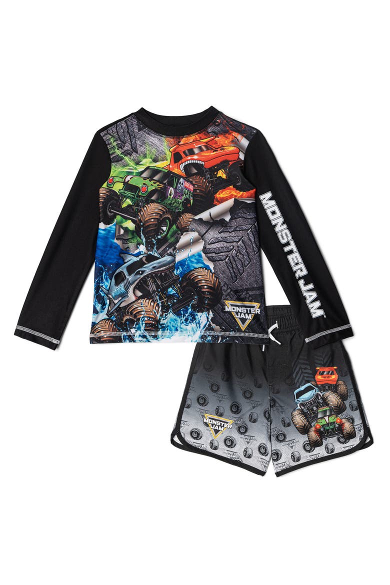 2-Piece Swimwear Rash Guard and Swim Trunks Set, Main, color, Monster Jam Black