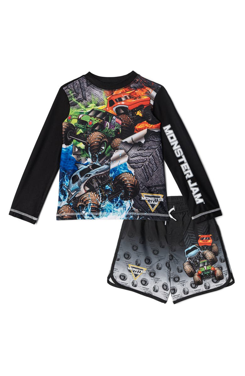 Monster Jam 2-Piece Swimwear Rash Guard and Swim Trunks Set, Main, color, Monster Jam Black