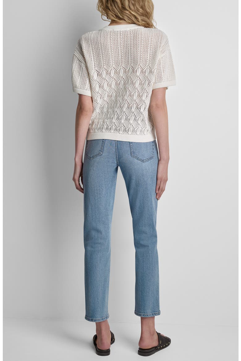 Lace-Up Placket Short Sleeve Semisheer Cotton Blend Pointelle Sweater, Alternate, color, COCONUT