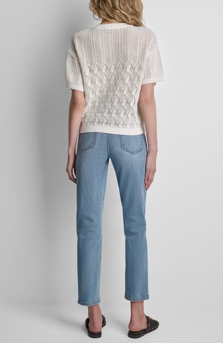 DKNY Lace-Up Placket Short Sleeve Semisheer Cotton Blend Pointelle Sweater, Alternate, color, Coconut
