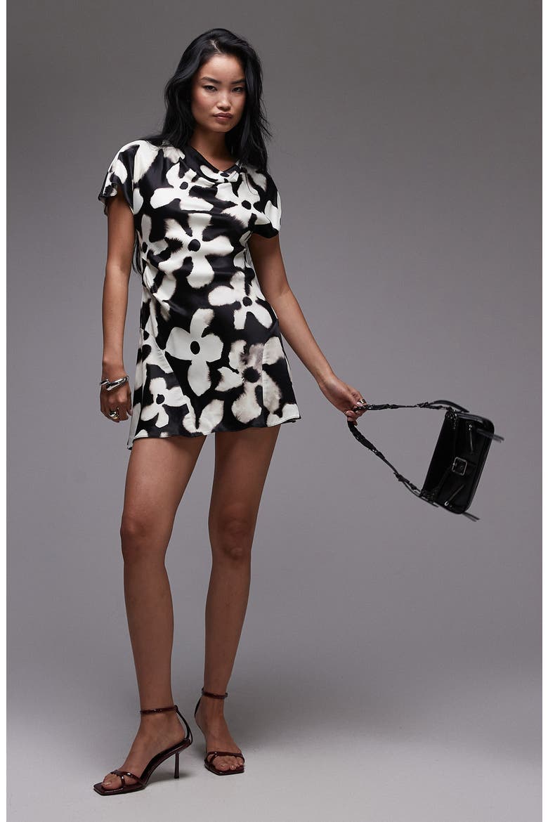 Floral Print Cowl Neck Minidress, Main, color, BLACK MULTI