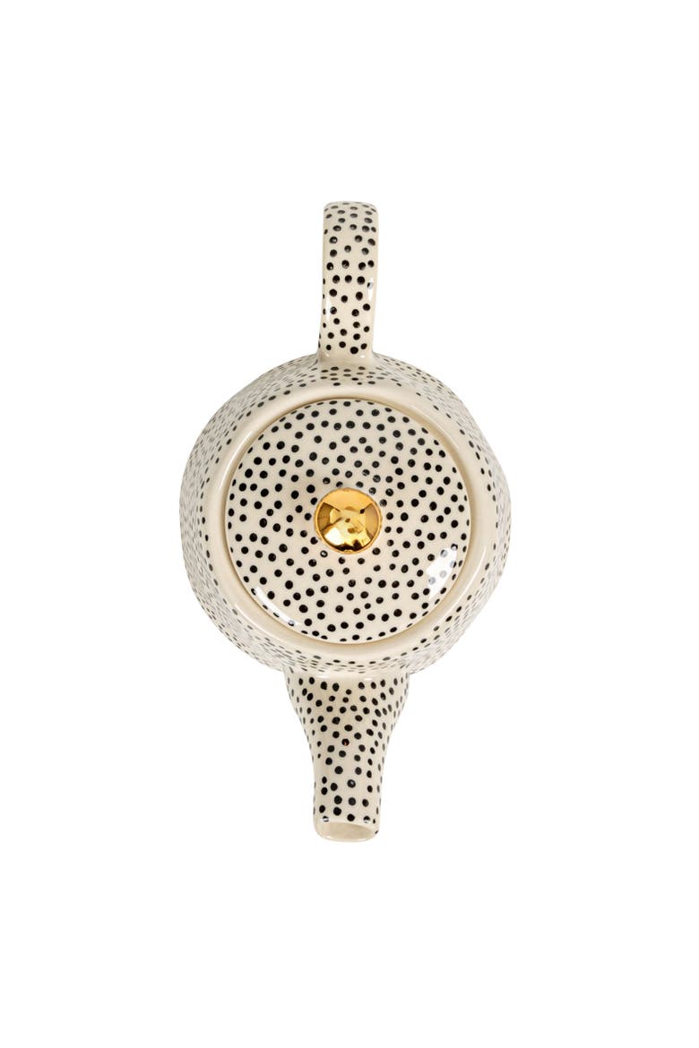 White Stoneware Teapot with Black Speckles & Gold Electroplating, Alternate, color, Black