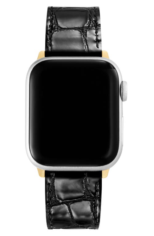 MICHELE Croc Embossed Leather 20mm Apple Watch® Watchband in Black/Gold 