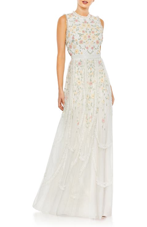Embellished High Neck Sleeveless Ruffled Gown