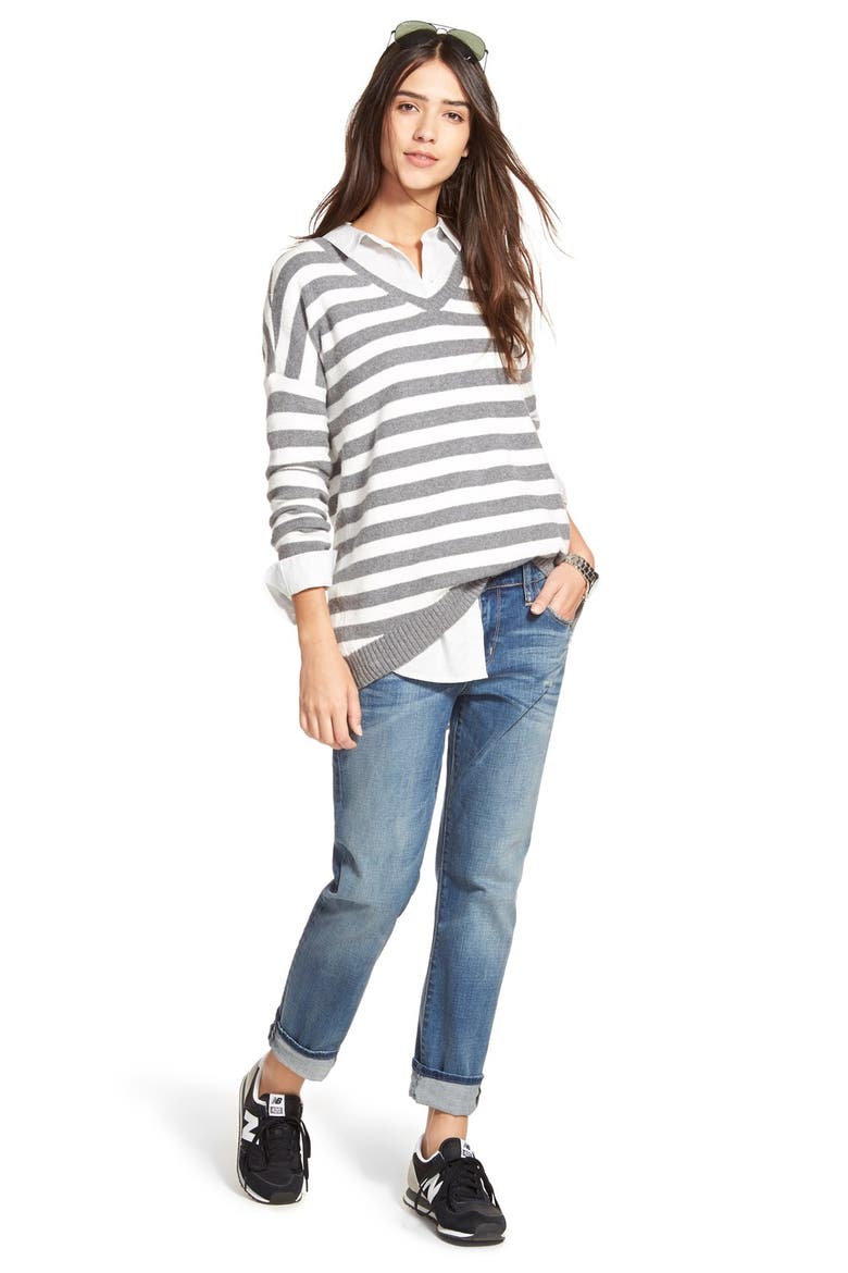 Split Back Boyfriend Sweater, Alternate, color, GREY DARK HEATHER STRIPE