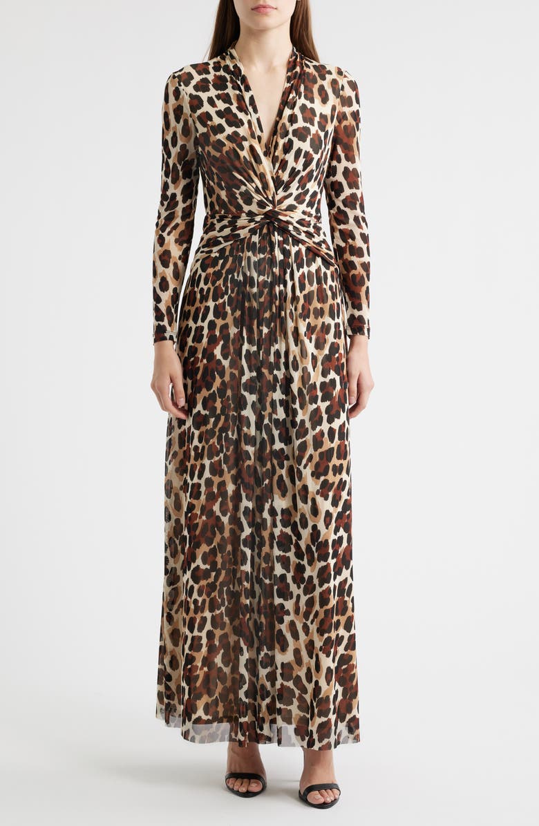 Anne Klein Leopard Print Twist Front Long Sleeve Mesh Maxi Dress, Main, color, Ivory/ Brown Leopard Print