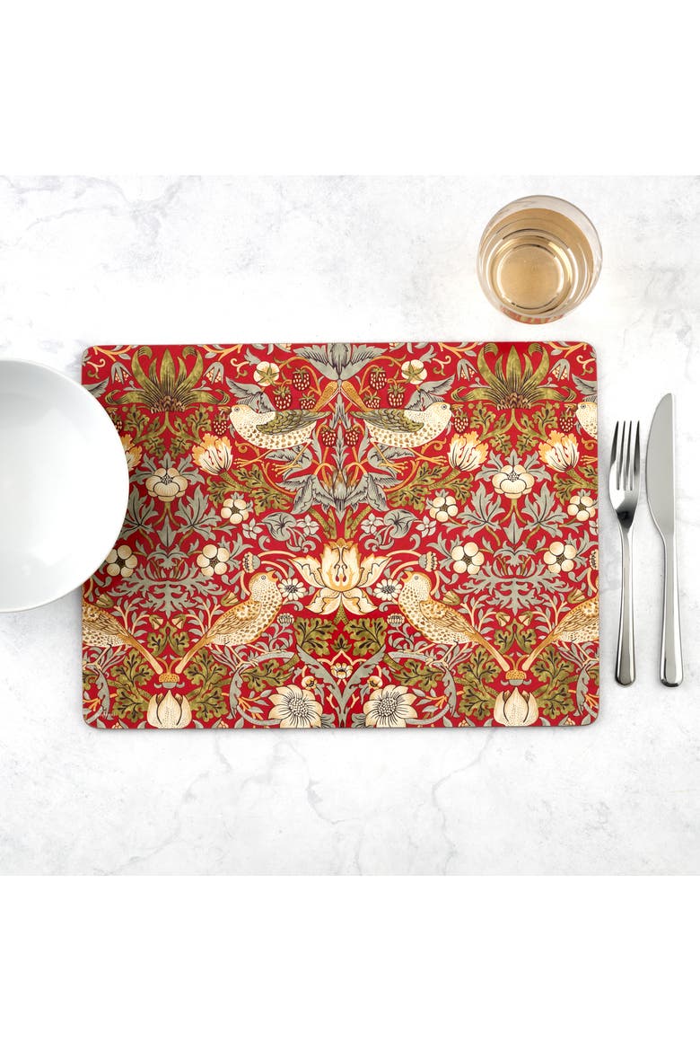 Strawberry Thief Red Set of 4 Cork Back Placemats, Alternate, color, Strawberry Thief Red