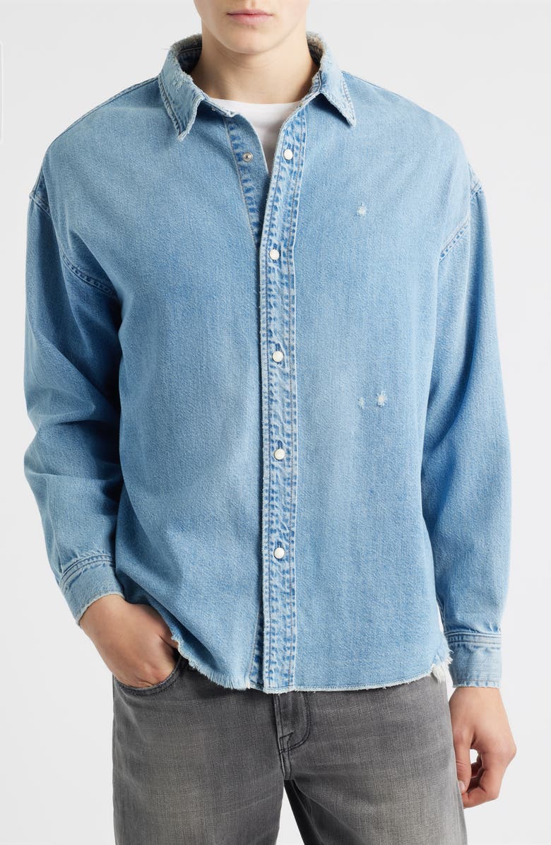 FRAME Relaxed Fit Distressed Denim Snap-Up Shirt, Alternate, color, Voltage