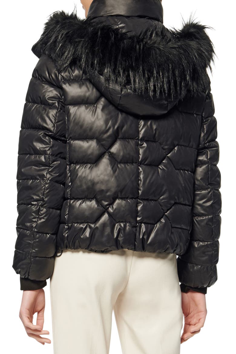 Faux Fur Trim & Feather Puffer Jacket, Alternate, color, BLACK