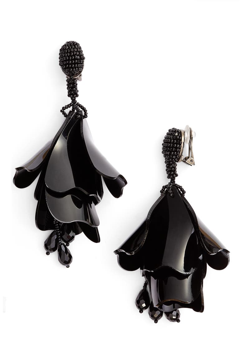 Large Impatiens Flower Clip Earrings, Main, color, BLACK