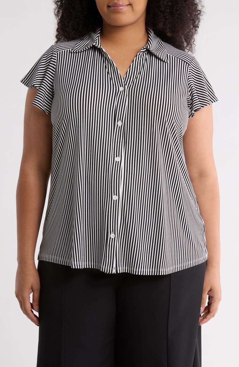 Adrianna Papell Flutter Sleeve Crepe Button-Up Top, Main, color, Black/Ivory Small Stripe