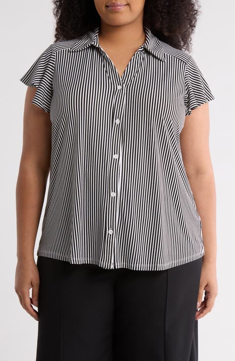 Flutter Sleeve Crepe Button-Up Top (Plus)