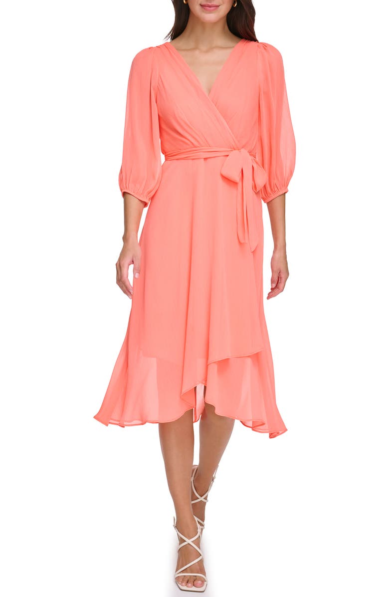 DKNY Balloon Sleeve Mock Wrap Dress, Main, color, Orange