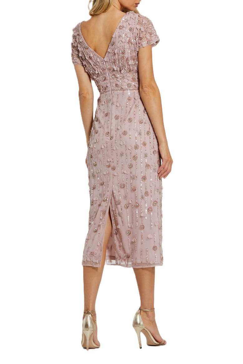 Petite Cap Sleeve Sheath Midi Dress With Floral Beading, Alternate, color, Vintage Lilac