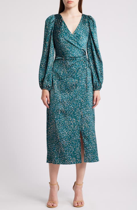 Abstract Print Side Ruched Long Sleeve Satin Dress