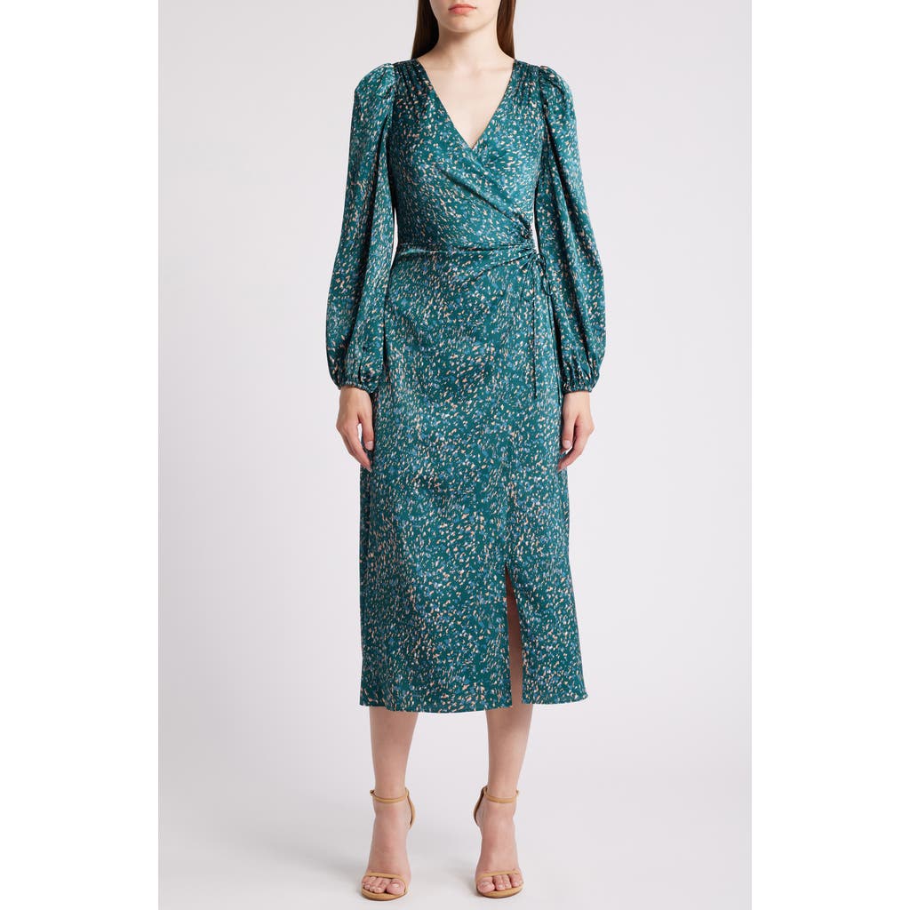 Mila Mae Abstract Print Side Ruched Long Sleeve Satin Dress in Green Abstract