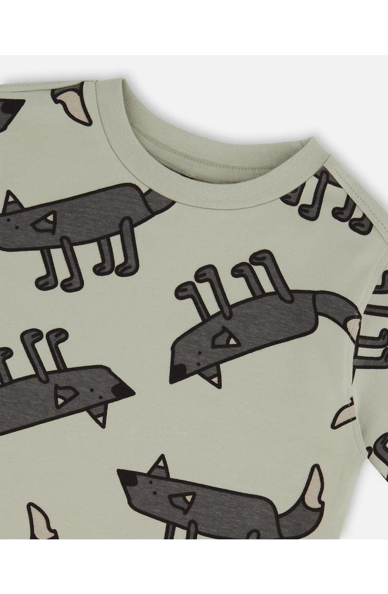 Deux par Deux Boy's Printed Organic Cotton Tee Gray Wolf On Teal Background, Alternate, color,
