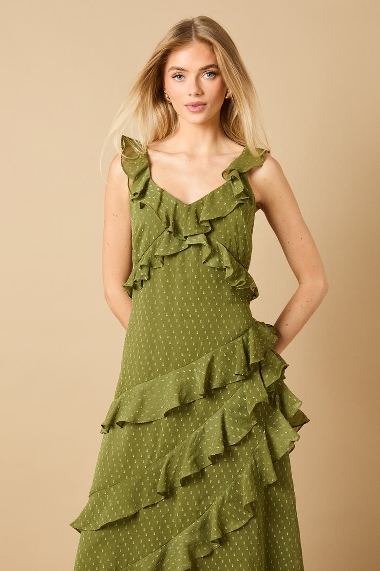 Dobby Ruffle V-Neck Tiered Midi Dress, Alternate, color, Khaki