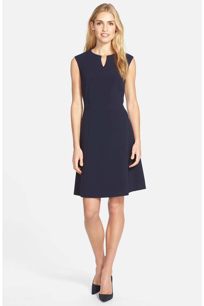 Embellished Bi-Stretch Fit & Flare Dress, Alternate, color, NAVY