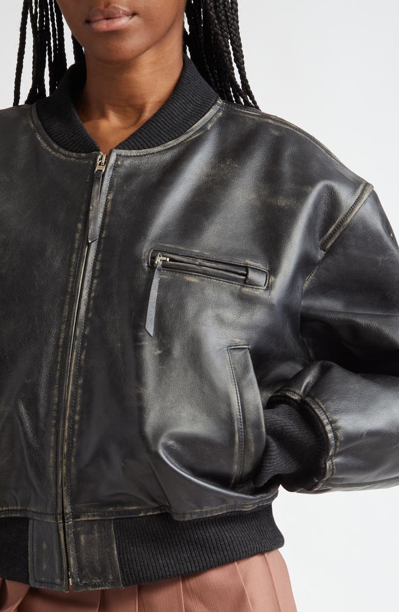 Acne Studios Leather Bomber Jacket, Alternate, color, Black