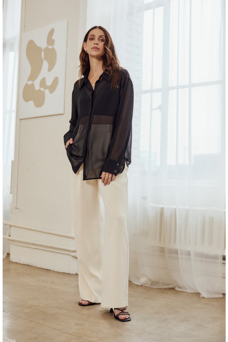 Oversize Semisheer Button-Up Shirt, Alternate, color, BLACK